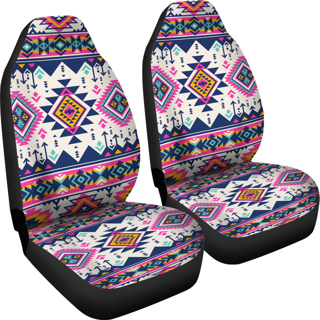 Seat cover with multicolor Native American diamond and arrow motifs on white base