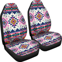 Seat cover with multicolor Native American diamond and arrow motifs on white base