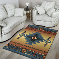 Geometric Southwest area rug with central sunburst star and tribal-style border in blue and gold