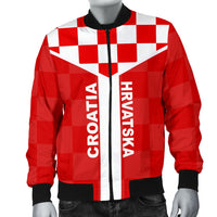 Red and white check bomber jacket with black collar, full front zipper, Croatian text panels