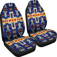 Pair of blue car seat covers featuring multicolor geometric tribal print and cross motifs