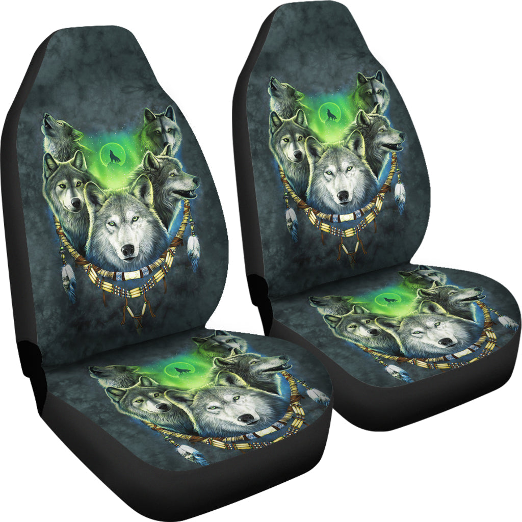 Car seat covers set in dark teal with multi-color wolf pack moon print on backrests