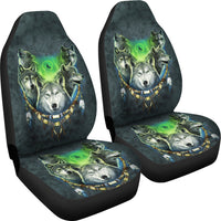 Car seat covers set in dark teal with multi-color wolf pack moon print on backrests