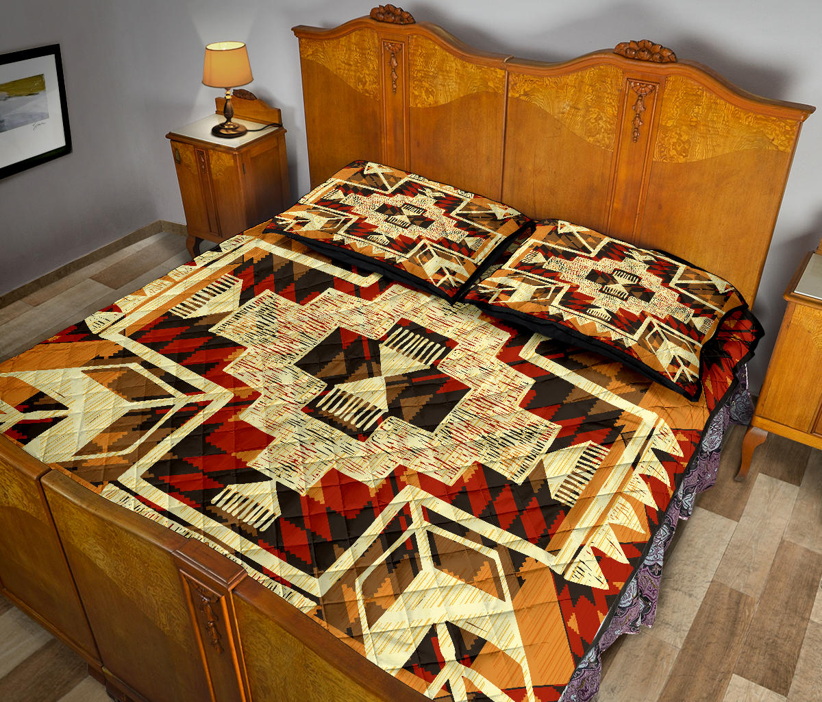 Quilt with matching pillow shams, tribal arrow pattern in red tan and cream geometric