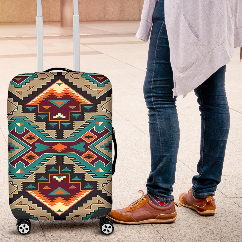 Beige tribal luggage cover with teal and orange zigzag and diamond graphics