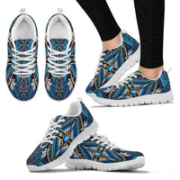Blue multicolor lace-up sneakers with white soles, multiple angles shown