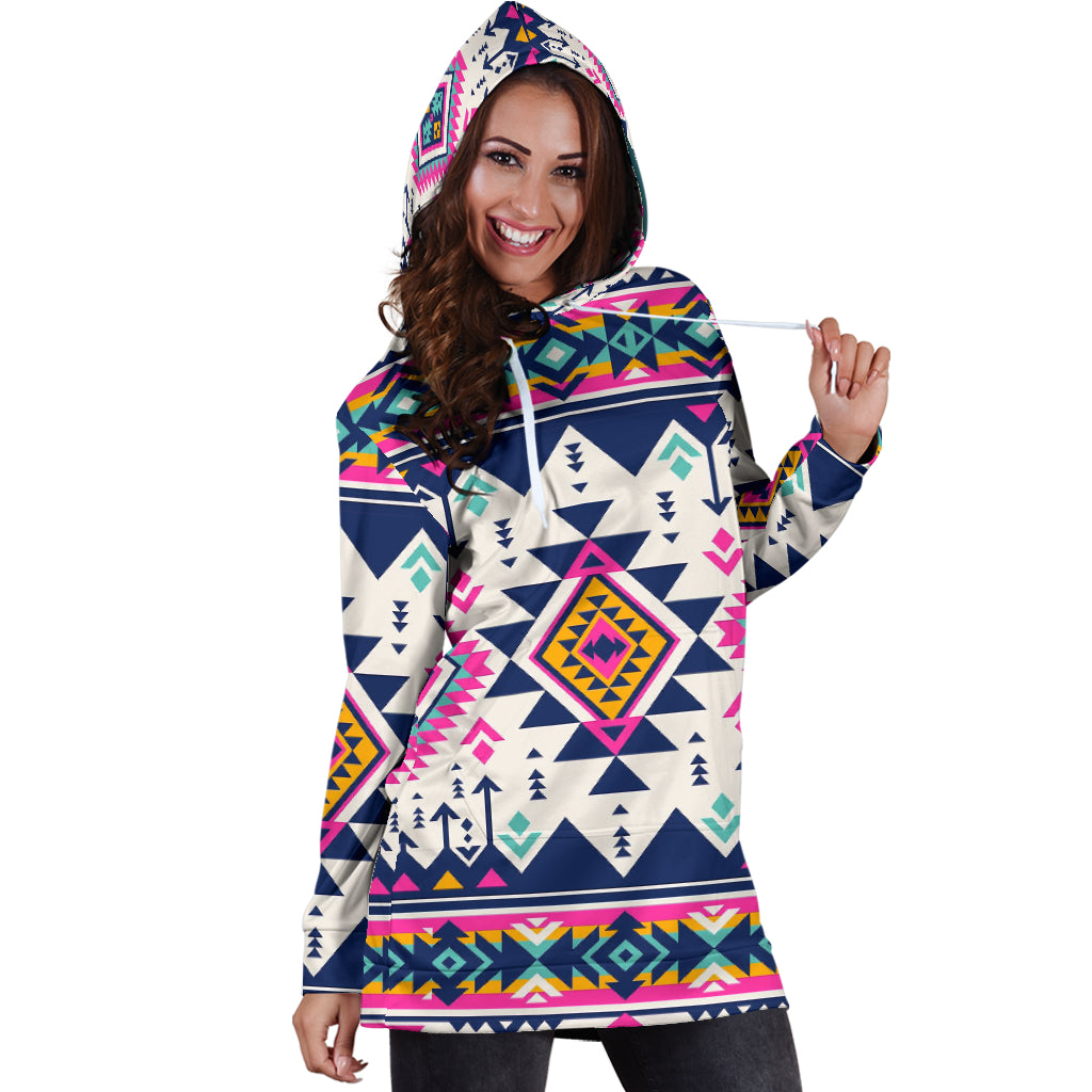 Multicolor geometric hoodie dress, side view with hood and front pocket