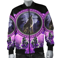 Black bomber jacket front view with purple wolf circle, ribbed hem and cuffs