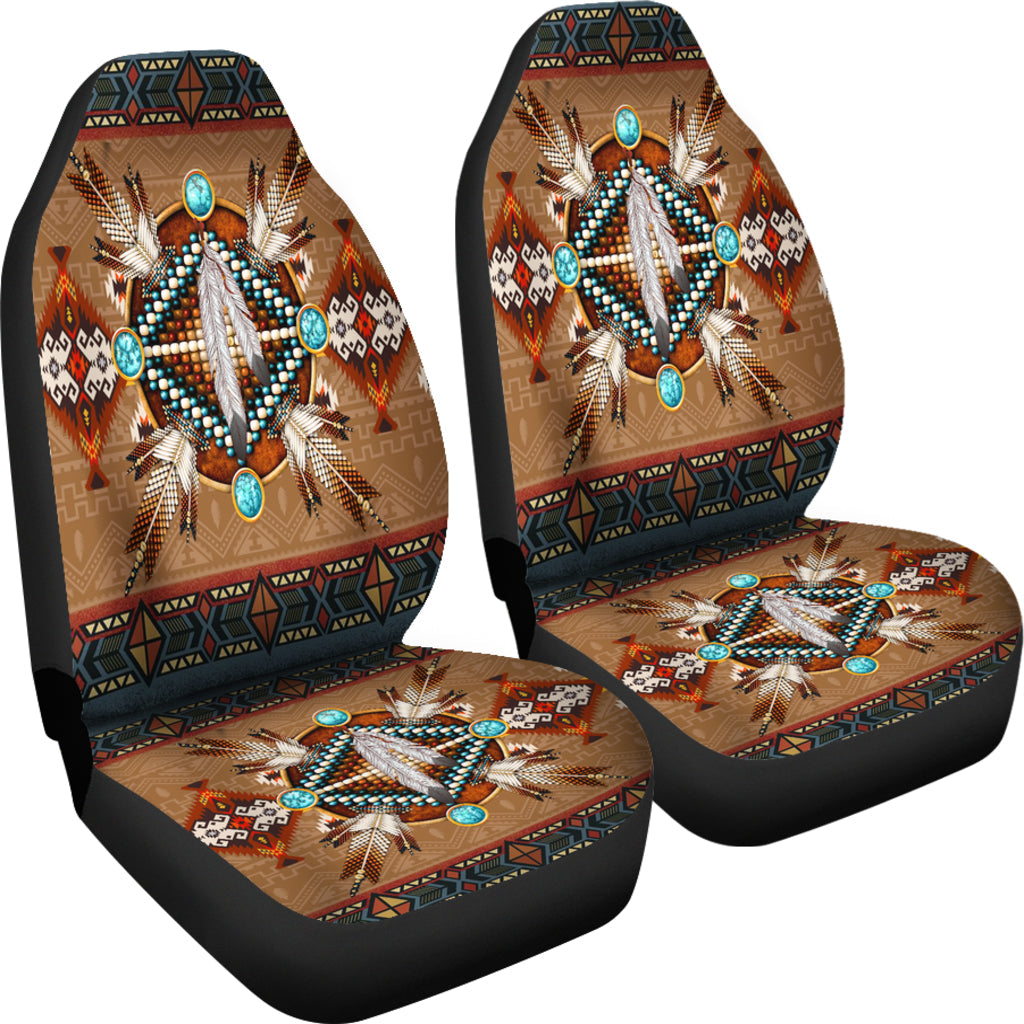 LT10 car seat cover pair with ornate bird mandala design, multicolor on seats
