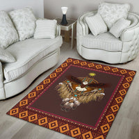 Native dreamcatcher area rug, brown center with owl motif, orange-and-red border