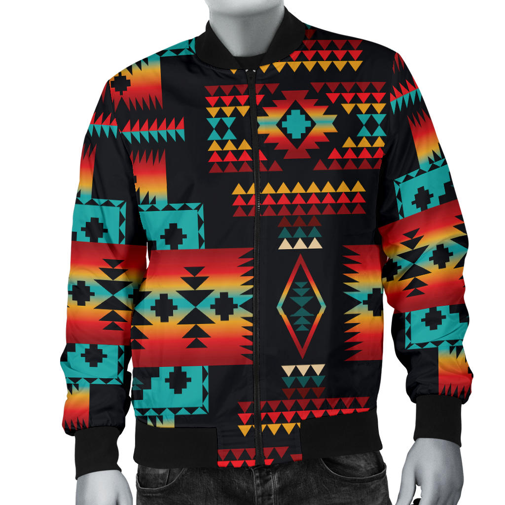 Black bomber jacket with multicolor tribal motifs on sleeves and front zip