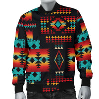 Black bomber jacket with multicolor tribal motifs on sleeves and front zip