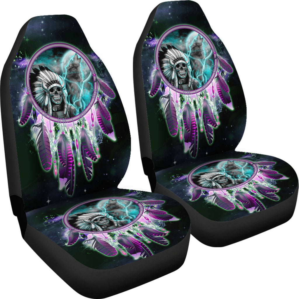 Two-piece car seat cover set with dreamcatcher skull motif and matching seat panels