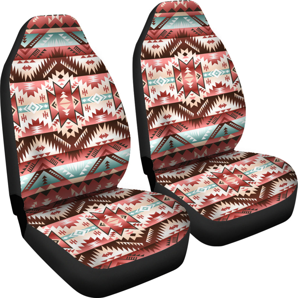 Red geometric seat cover set with black base and white, brown, teal motif