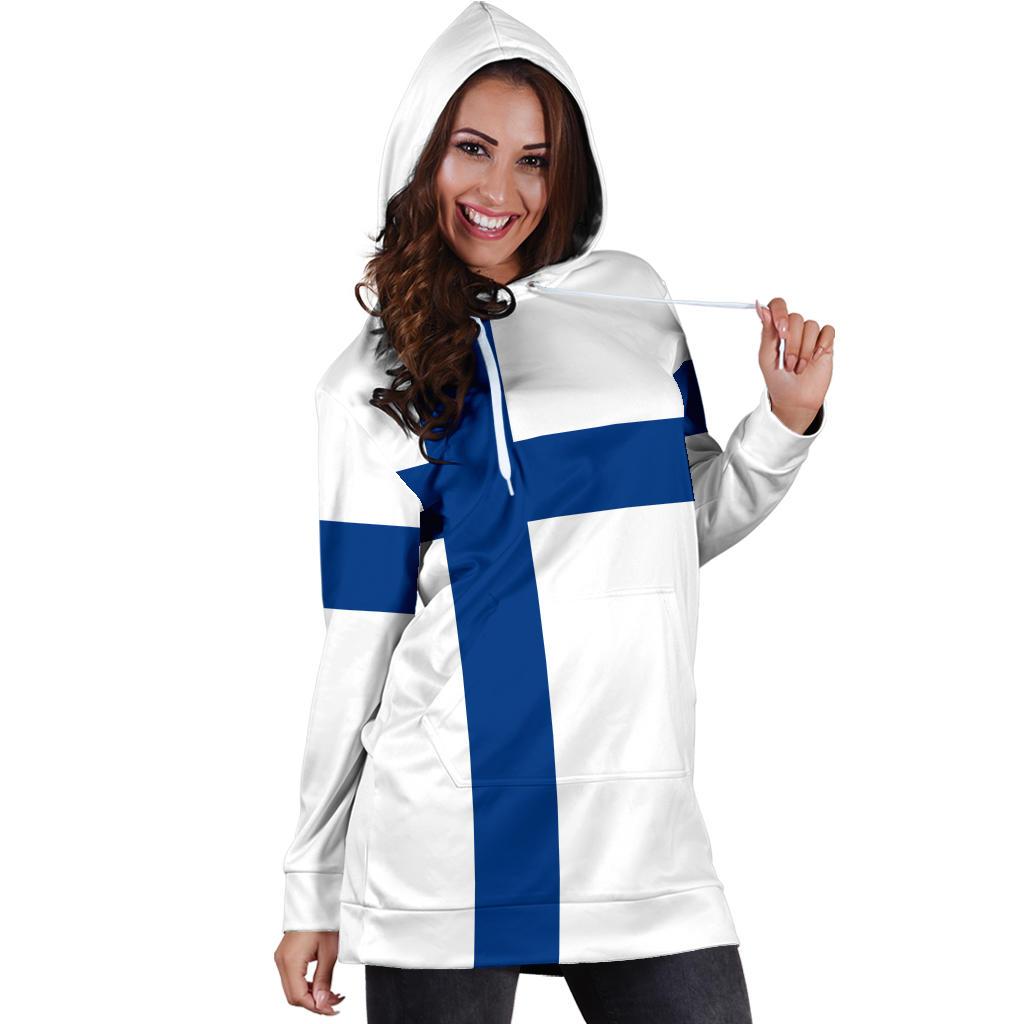 White hoodie dress with blue Nordic cross flag graphic, hood up and drawcords visible