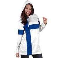 White hoodie dress with blue Nordic cross flag graphic, hood up and drawcords visible