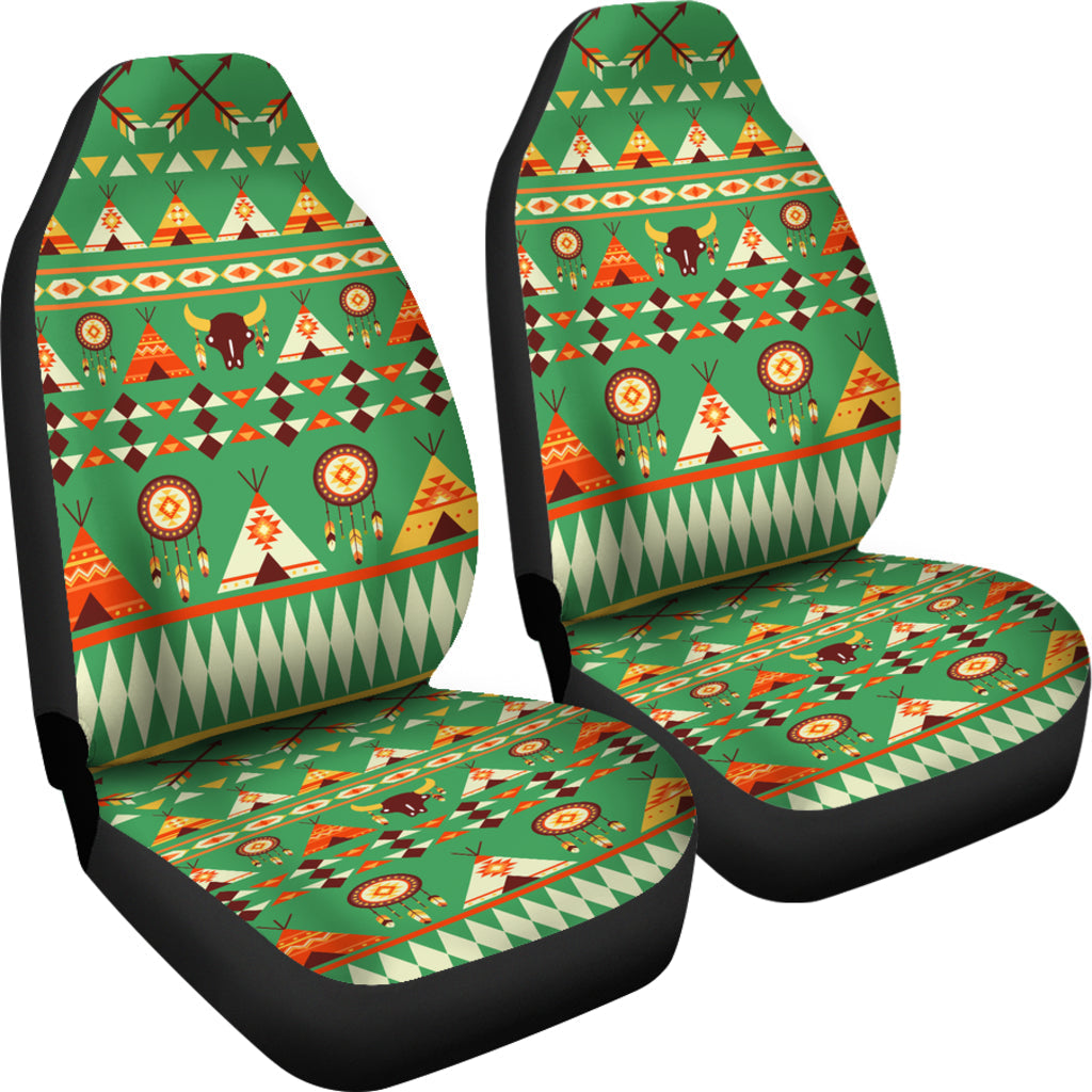 Green multicolor bison pattern car seat covers, front seat pair view