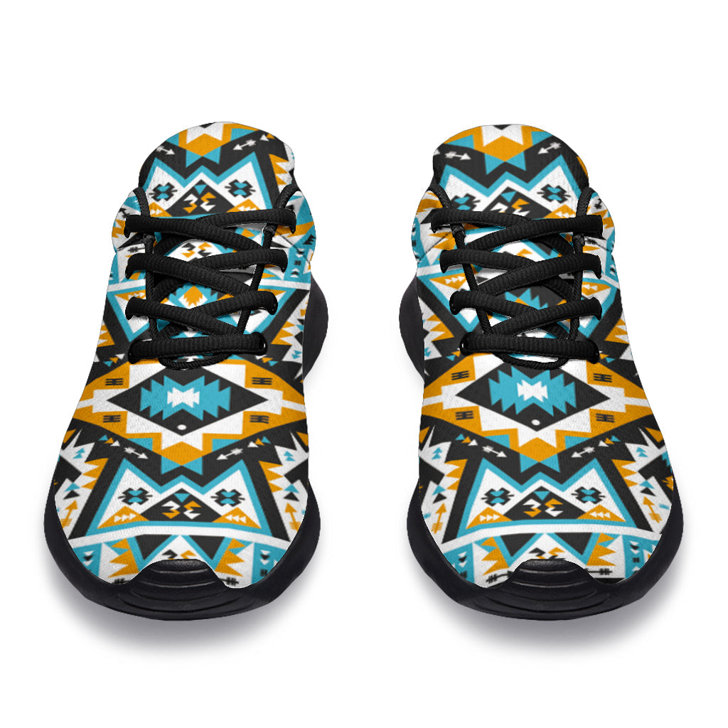 Front view: multicolor patterned lace-up sneakers with black edging and rubber sole