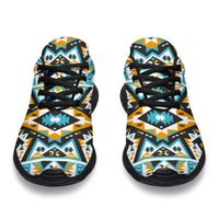Front view: multicolor patterned lace-up sneakers with black edging and rubber sole