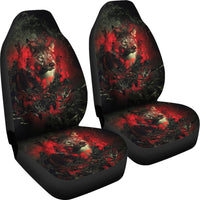LT10 seat covers pair, red wolf artwork with dark green-black foliage accents