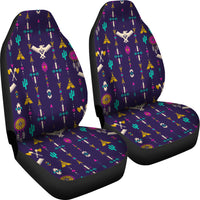 Front seat cover close-up: purple base with multicolor cactus, arrows, and tribal symbols