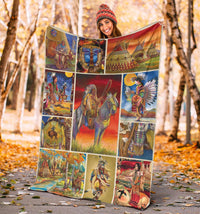 Multicolor Native American-style blanket held outdoors, patchwork scenes with geometric band