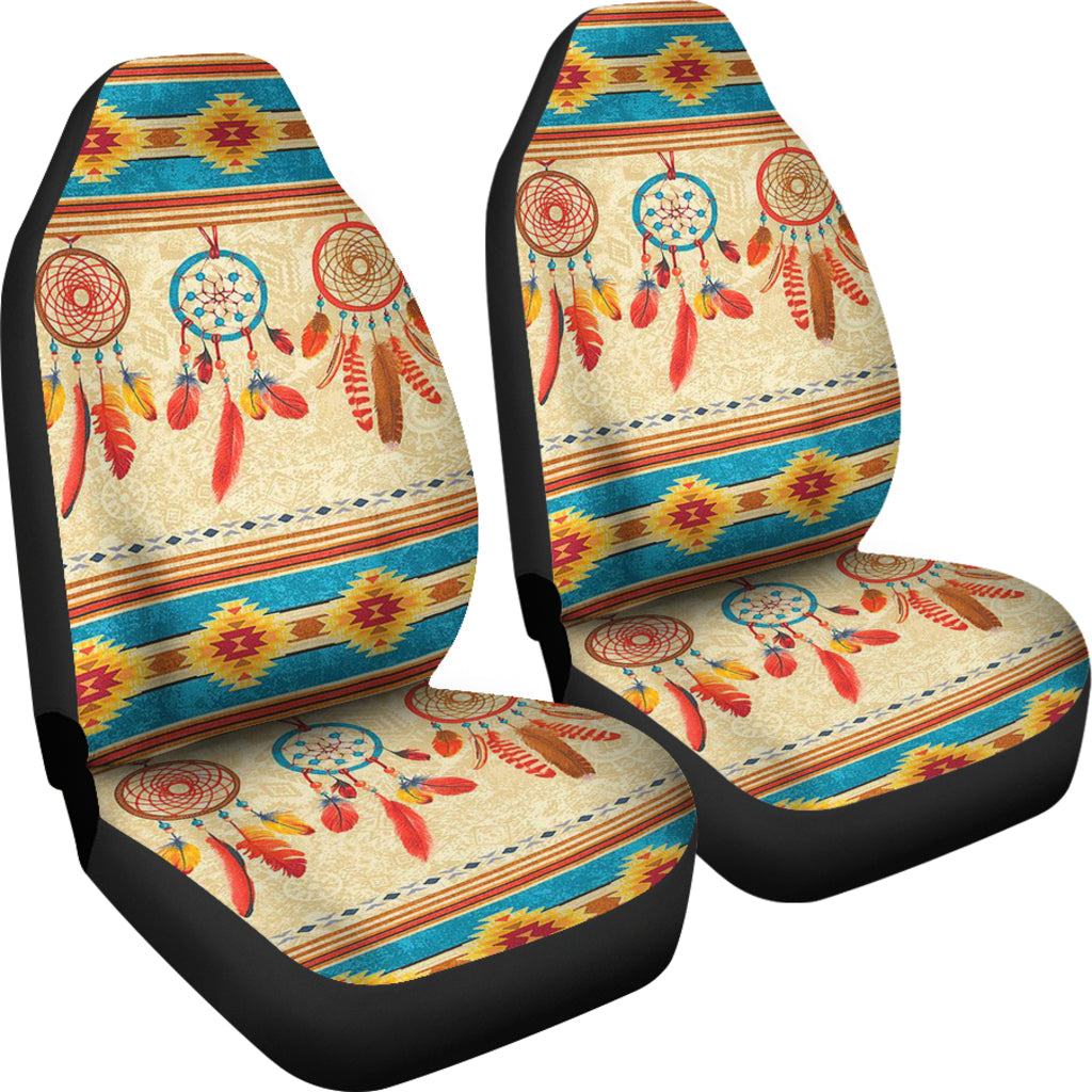 Pair of multicolor dreamcatcher seat covers with bold stripe trim and red feather motifs