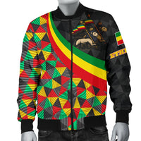 Black bomber jacket front, zip closure, Ethiopian rasta lion and 'ETH' patch graphic.