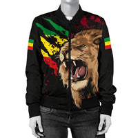 Black bomber jacket front view featuring roaring lion face artwork and colored splatter