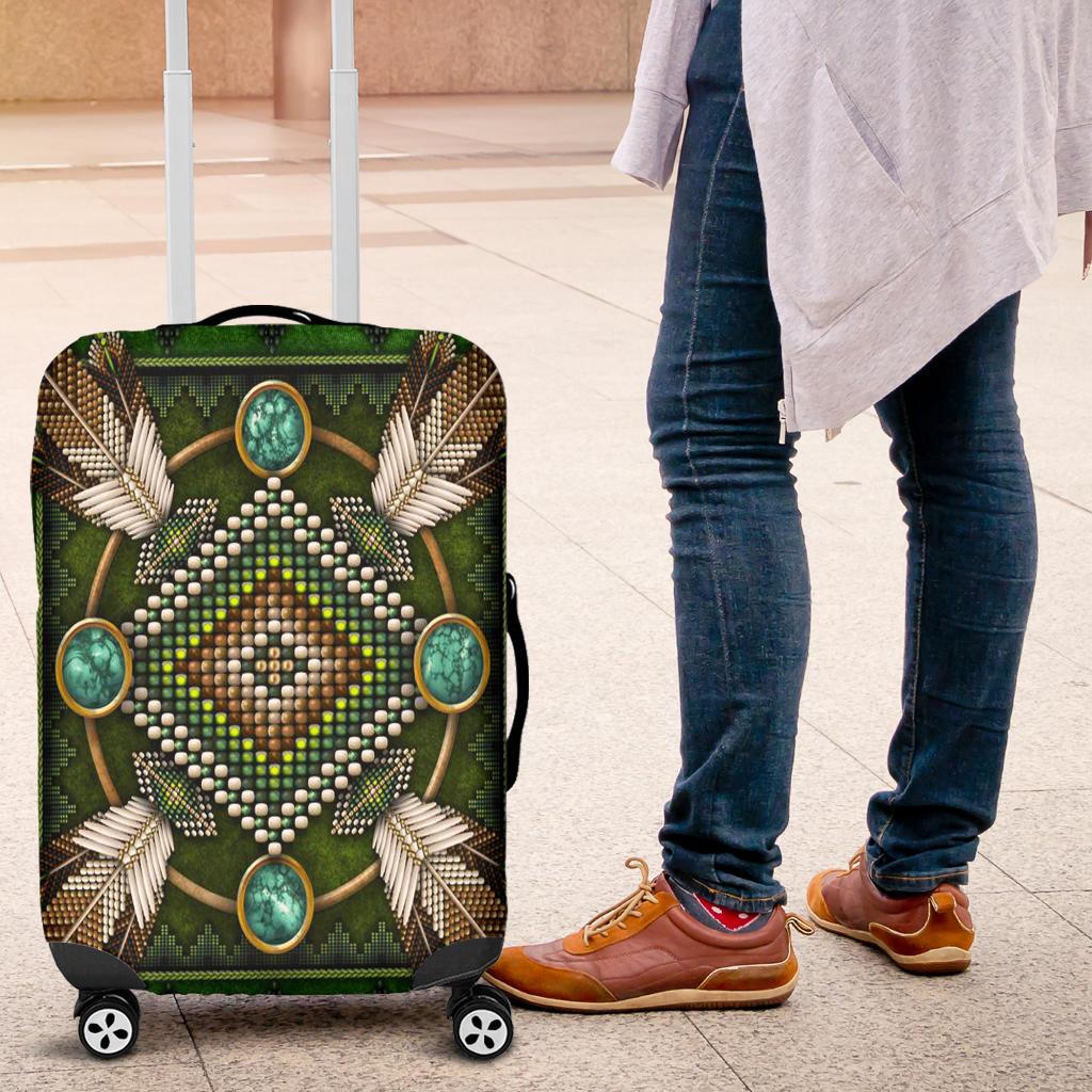 Luggage cover front view with green-blue geometric mandala and feather accents, on wheels