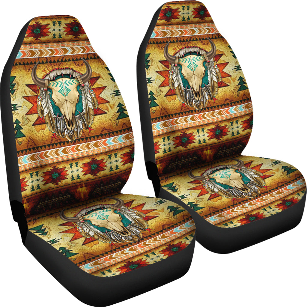Pair of car seat covers with teal-and-tan bison portrait; colorful tribal geometric border; black base
