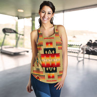 Light brown racerback tank with multicolor tribal print and scoop neckline on model.