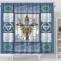 Snowy owl dreamcatcher shower curtain close view of center figure, teal-blue diamond accents
