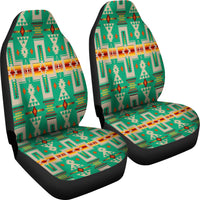Green car seat cover pair with multicolor tribal geometric design and black edge trim