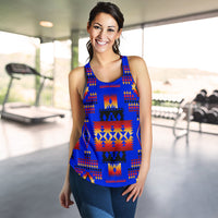 Dark blue racerback tank top with multicolor Native-style geometric print, sleeveless scoop