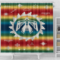 Rainbow Native American shower curtain with big circular white motif and geometric icons