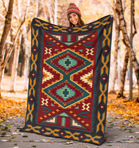 Large Native American patterned throw blanket, maroon center diamonds and teal border