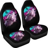 Black car seat cover set with two wolf howling prints, turquoise and magenta accents