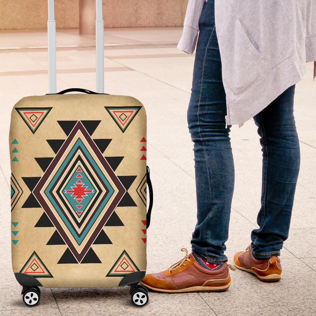 Beige suitcase cover with large southwest diamond motif and small triangle accents, multicolor