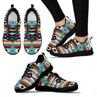 Native American pattern sneakers set: side and sole views, multicolor print, black trim