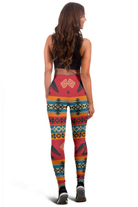 Women’s leggings with red-orange geometric pattern, back view