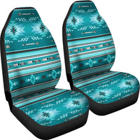 LT10 car seat cover pair, teal geometric motif with black headrest and cushion trim