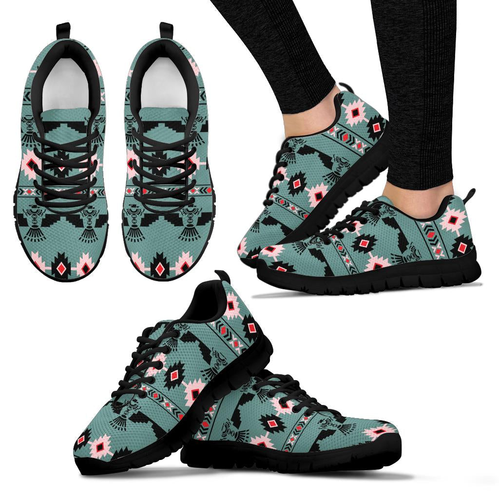 Set of Native-inspired turquoise sneakers: side, front, and outsole views with black trim
