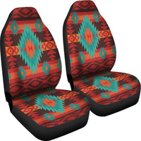 Two front seat cover set in red geometric pattern with teal, orange, and black edging
