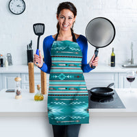 Teal blue light apron with geometric stripes and feather motif print, black shoulder straps
