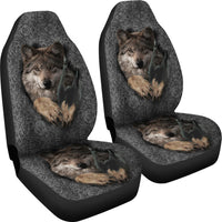 Front seat cover with wolf face and paws, black-and-gray swirling pattern, matching set