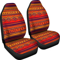Orange geometric tribal car seat cover set, two backs and seat cushions with black trim