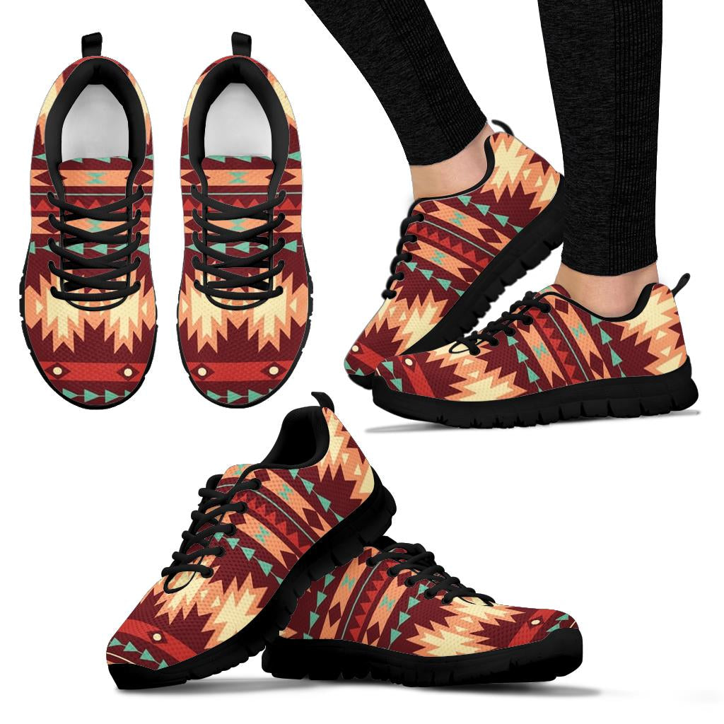 Pair and angle views of red multicolor geometric sneakers, black laces, black soles