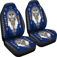 Blue car seat cover set featuring central headdress motif with tribal leaf border