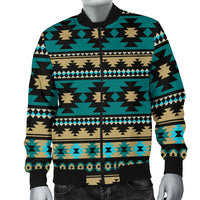 Men's bomber jacket teal and multicolor Aztec pattern with black cuffs and full zip